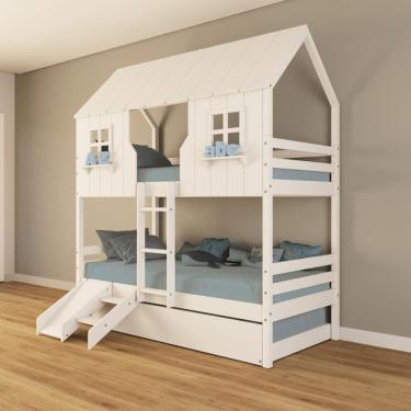 Imagem de Treliche Casinha Encantada com Kit Escada/ Escorregador Madeira Maciça Branco Housin