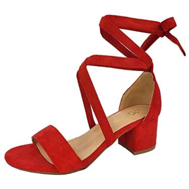 Imagem de Sandálias de amarrar com bico aberto salto bloco tiras amarradas, Vermelho, 10