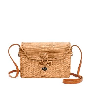 Imagem de Novum Crafts Bolsa de vime redonda para mulheres - Bolsa de tecido de vime Ata feita à mão - Círculo, quadrado, oval marrom palha Boho Bags, Laço quadrado, 8 5/8” x 3 1/4” (21,9 cm x 8,2 cm)