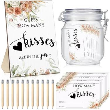 Imagem de Yousoontic 122 peças Adivinhe quantos beijos jogos de chá de panela incluem 1 placa de madeira para chá de panela, 100 cartões de adivinhação, 20 lápis HB, 1 pote de jogo para convidados festa de