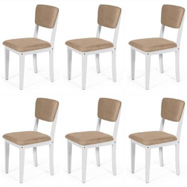 Imagem de Conjunto 6 Cadeiras De Jantar Estofada Em Madeira Maciça Ella Branco/marrom Claro