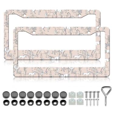 Imagem de Moldura de placa de carro de cavalo - 2 peças engraçadas capas de suporte de placa de licença de metal de alumínio, à prova de ferrugem, à prova de ferrugem, molduras decorativas de carro para padrão