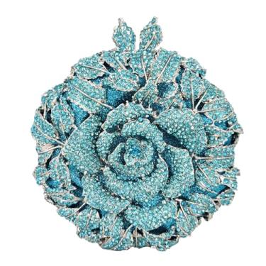 Imagem de Boutique De FGG Bolsas de mão de cristal de flor rosa em formato redondo para mulheres, bolsas formais à noite, bolsas de festa de casamento, Azul claro, Small