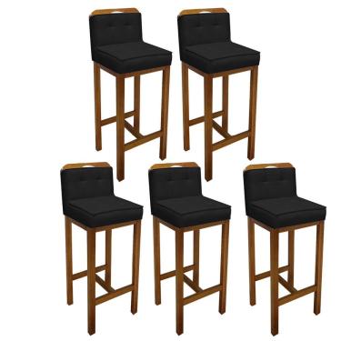 Imagem de Kit 05 Banqueta Alta Com Encosto Agnes Cozinha Balcão Bistrô Base Madeira Rústico Corino Preto