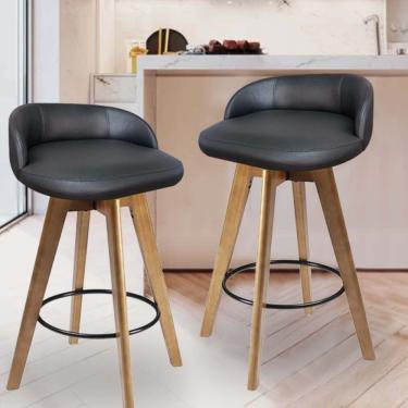 Imagem de Kit 02 Banqueta Alta Com Encosto Berlim Base Giratória Madeira Corino Preto