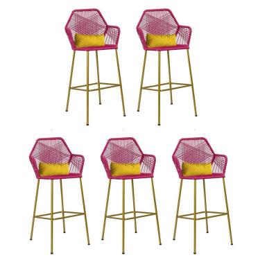 Imagem de Kit 05 Banqueta Alta Com Encosto Sttar Balcão Ferro Dourado Fibra Pink Almofada Corino Amarelo