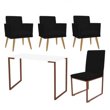 Imagem de Kit Escritório 3 Poltronas Com Cadeira E Mesa Branco Bronze Corino Preto - Amey Decor