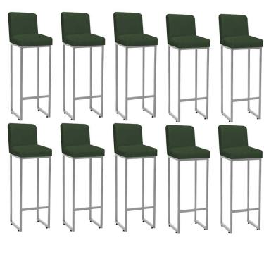 Imagem de Kit 10 Banqueta Alta Com Encosto Balcão Ferro Cinza Suede Verde Musgo