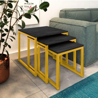 Imagem de Trio Mesa Lateral Industrial Isabella Tampo Preto Base Ferro Amarelo - Preto