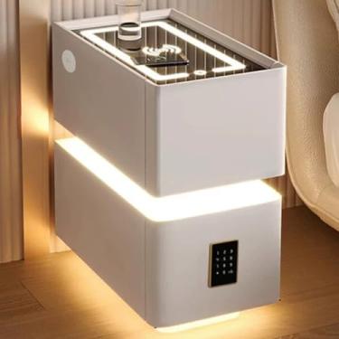 Imagem de Mesa de cabeceira estreita e inteligente com carregamento sem fio, fechadura com senha, alto-falante embutido, luz LED de três cores ajustável, mesa de cabeceira pequena e moderna com luz de sensor
