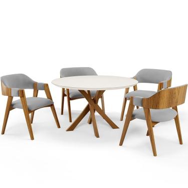 Imagem de Mesa De Jantar Redonda Cora 120cm Off White M04 Com 04 Cadeiras Living Suran Suede Cinza - Lyam