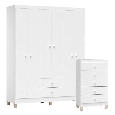 Imagem de Cômoda Gaveteiro E Guarda Roupa 6 Portas Ternura Baby Branco Brilho - Incorplac