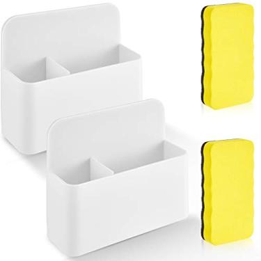 Imagem de 4 peças de suporte magnético apagável a seco e apagador magnético de quadro branco, estojo de armazenamento para porta-lápis magnético para geladeira e armário, materiais escolares de escritório para casa