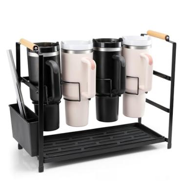 Imagem de Ftikvo Organizador de garrafa de água para copo de 1,134 g com alça, organizador de copos Stanley Rack de secagem para organizador de armários de cozinha, 4 compartimentos, ferro preto