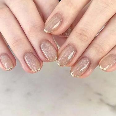 Imagem de Orzolatent Unhas Postiças Champagne Gold Glitter French Tip Press-On, 24 Curtas Redondas Brilhantes, 12 Tamanhos, Degradê Nude Cintilante, Fácil De Fazer, Inclui Kit Ferramentas