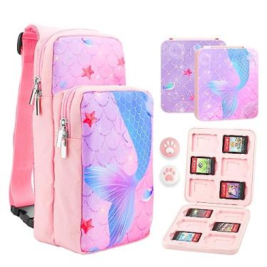 Imagem de FUNDIARY Bolsa De Viagem Rosa E Roxa Para Nintendo Switch/Oled/Lite Com Design Em Formato Rabo Peixe Azul, Mochila Transversal Portátil Acessórios, Estojo Cartões Jogo 2 Protetores Polegar