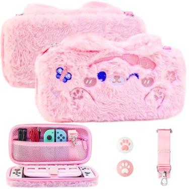 Imagem de GLDRAM Estojo De Transporte Pelúcia Rosa Compatível Com Nintendo Switch E Oled, Conjunto Acessórios Gato Fofo Desenho Animado, Bolsa Viagem Portátil Para Armazenamento, Compartimento Cartão, Alça Om