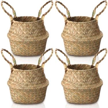 Imagem de Qunclay 4 cestas de algas marinhas trançadas, cesta de barriga, vaso de plantas naturais boho dobrável com alças decorativas redondas de vime grande para decoração de plantadores de árvores ao ar