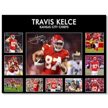 Imagem de Pôster autografado Superstar Chiefs Travis Kelce para decoração de parede de quarto de fãs de crianças - Cartazes de futebol americano em tela para presentes de aniversário de meninos adolescentes