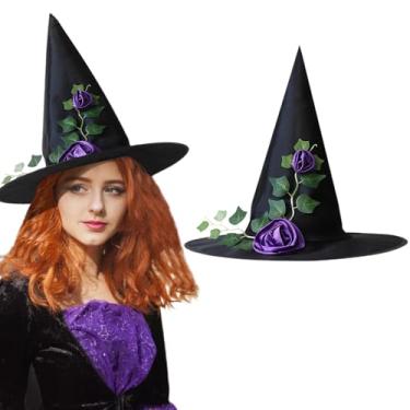 Imagem de Ncozwo Purple Rose Floral Vine Decor Witch Hat Black Violet Vine Wizard Hat for Women Witches Magician Cap Accessory Halloween Dress-up for Carnival Christmas Cosplay Festival Party Favor Supplies