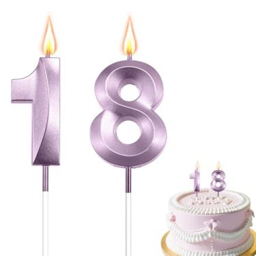Imagem de Velas de aniversário de 18 anos, velas roxas número 18, vela de feliz aniversário para bolo, decoração de bolo número 3D para meninos e meninas, comemorações de festa de aniversário de 18 anos