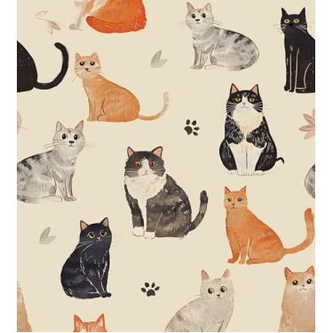 Imagem de Papel de parede de gato, papel de contato animal bege vintage, papel de parede retrô para quarto de criança, autoadesivo, removível, impermeável, para banheiro, paredes, prateleiras, armário