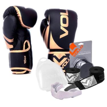 Imagem de Kit Boxe Muay Thai Luva 10Oz Dourado + Protetor Bucal + Bandagem Preta