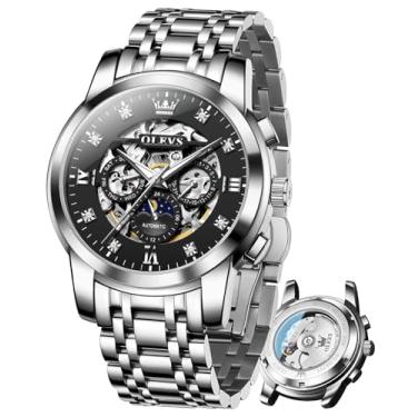 Imagem de OLEVS Relógios masculinos de luxo esqueleto automático mecânico masculino diamante fase da lua à prova d'água data relógio cavalheiro automático, 6721: prata e preto