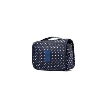 Imagem de Nécessaire Organizadora de Viagem em Nylon Impermeável, 25 x 22 x 10 cm, com Gancho, Azul Marinho com Bolinhas