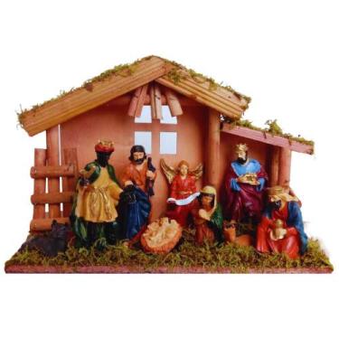 Imagem de Presépio de Natal no Estábulo 9 Peças 30x10x21cm Resina e Madeira - Wi