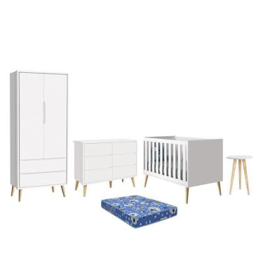 Imagem de Dormitório Theo 2 Portas, Cômoda 6 Gavetas, Berço, Mesa de Canto com Pés Madeira Natural e Colchão - Reller Móveis Branco Fosco