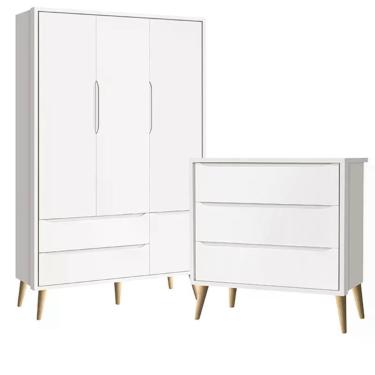 Imagem de Guarda Roupa 3 Portas e Cômoda 3 Gav Theo Pés Madeira Natural - Reller Móveis Branco Fosco