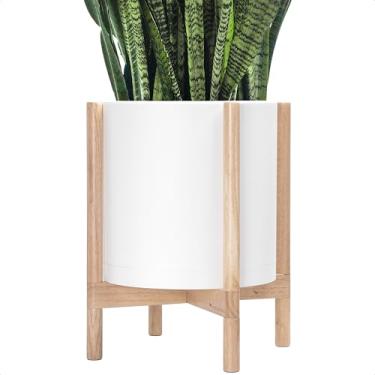 Imagem de D'vine Dev Vaso com suporte - Vaso de flores de cilindro de plástico de 35,5 cm com suporte de madeira para interior, vaso branco fosco + suporte natural, 55-C-S-1