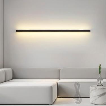 Imagem de GZZBMY Luz de parede longa LED com interruptor de botão operado por bateria arandela de parede recarregável alumínio minimalista lâmpadas de parede lineares para sala de estar quarto corredor corredor