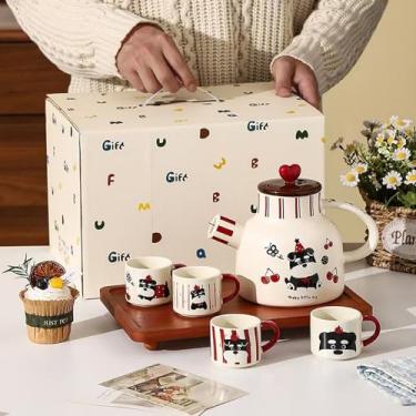 Imagem de Scizorito Conjunto de chá de porcelana, estampa de desenho animado fofo, um pote e quatro xícaras, adequado para reuniões de família, aniversários, dia das mães, Natal (cão)