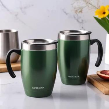 Imagem de Caneca Térmica Parede Dupla em Aço Inox Verde 350ml com Tampa Hermética - Estilo Premium