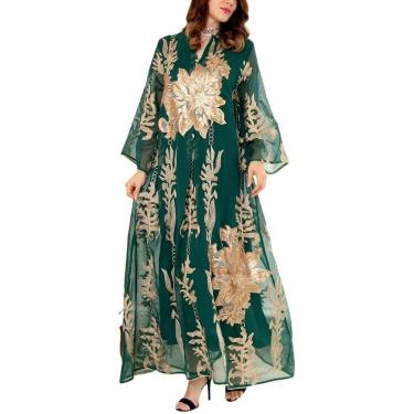 Imagem de Mulheres Muçulmanas Abaya Vestido Roupas De Oração Islâmico Kaftan Maxi Vestidos Bordado Frisado Dourado Fio Árabe Robe, Green, XL