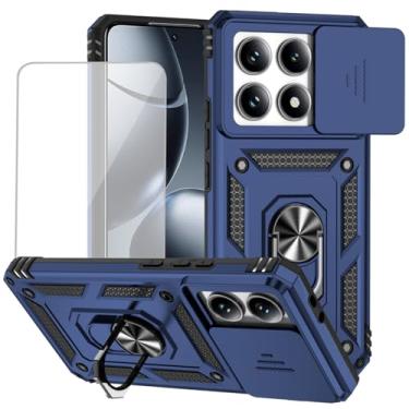 Imagem de Yodueiv Capa para Xiaomi 14T Pro com protetor de tela de vidro temperado e capa de câmera deslizante, anel magnético suporte para carro capa protetora para Xiaomi 14T Pro 5G azul