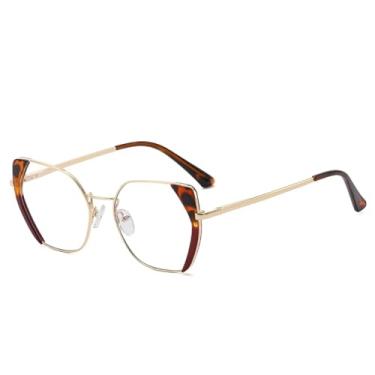 Imagem de VFDHN Armação de óculos retrô polígono feminina, moderna, dupla cor, dobradiça de mola, masculina, transparente (leopardo)