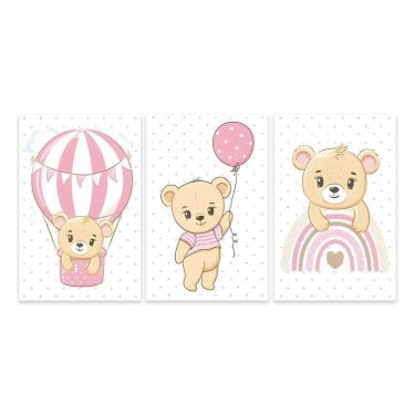 Imagem de Kit 3 Quadros Ursinho Balão Infantil Quarto Menina Placas Mdf