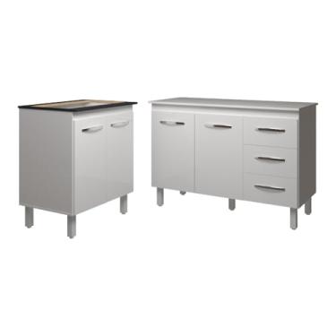 Imagem de Mobília Decor, Balcão Para Cooktop 5 Bocas Fran e Armário Bruna 118 cm Cozinha Gabinete com Tampo Tampão Branco