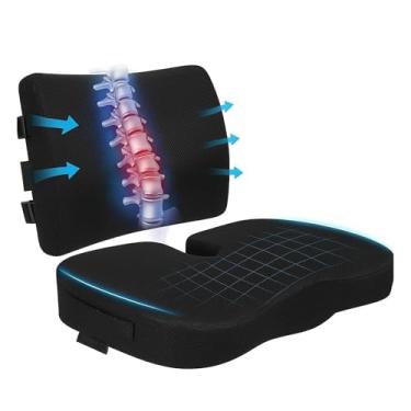 Imagem de Conjunto de almofada de assento de espuma viscoelástica e suporte lombar com capas de malha e veludo para cadeira de escritório carro avião viagens Travesseiro de cóccix para