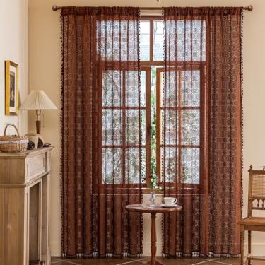 Imagem de Cortinas de crochê Boho de 274 cm de comprimento, conjunto de 2 cortinas de chão ao teto, padrão marrom de fazenda, painéis de cortina transparentes para pátio, porta deslizante, sala de estar