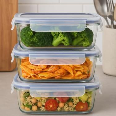 Imagem de KIT 3 Potes Vidros Retangulares Herméticos Marmitas Mantimentos 4 Travas 330 ML