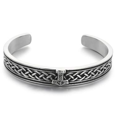Imagem de Klapgo Pulseira masculina Viking Thor Martelo Aço Inoxidável Nó Celta Pulseira Nó Nórdico Triquetra Design Trançado Joias Presente