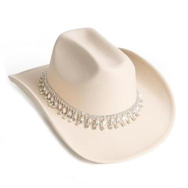 Imagem de MTKCM Boné caubói branco com aba larga e strass, S2-bege, M