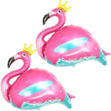 Imagem de Pacote com 2 balões de flamingo coroados – Decoração gigante de festa na piscina, balões tropicais à prova de UV para eventos de luxo, suprimentos de chá de panela resistentes a furacões