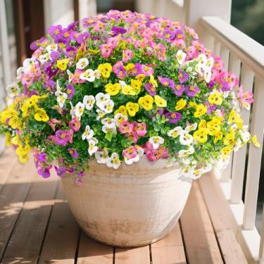 Imagem de U'Artlines 16 pacotes de flores artificiais para uso ao ar livre, plantas falsas para decoração de primavera e verão, flores amores-perfeitos artificiais resistentes a UV com folhas de eucalipto para