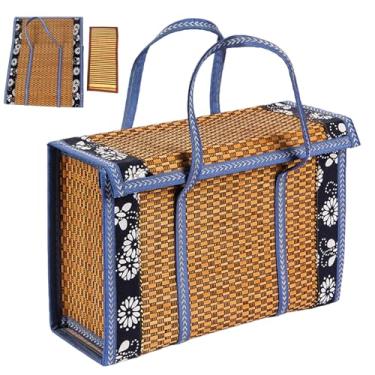 Imagem de Cesta de piquenique dobrável de bambu 35 x 25 x 17 cm, cesta de tecido rústico com acabamento floral, bolsa portátil para frutas, alimentos, mercearia e piqueniques ao ar livre