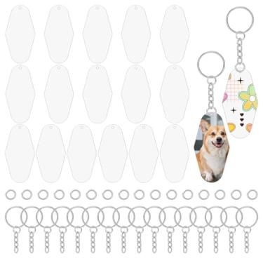 Imagem de Lukiisoo Conjunto de 48 peças de acrílico para chaveiros, incluindo ornamentos de acrílico transparente em forma de oliva com anéis de chaveiro e anéis de salto, placas de plástico transparente para